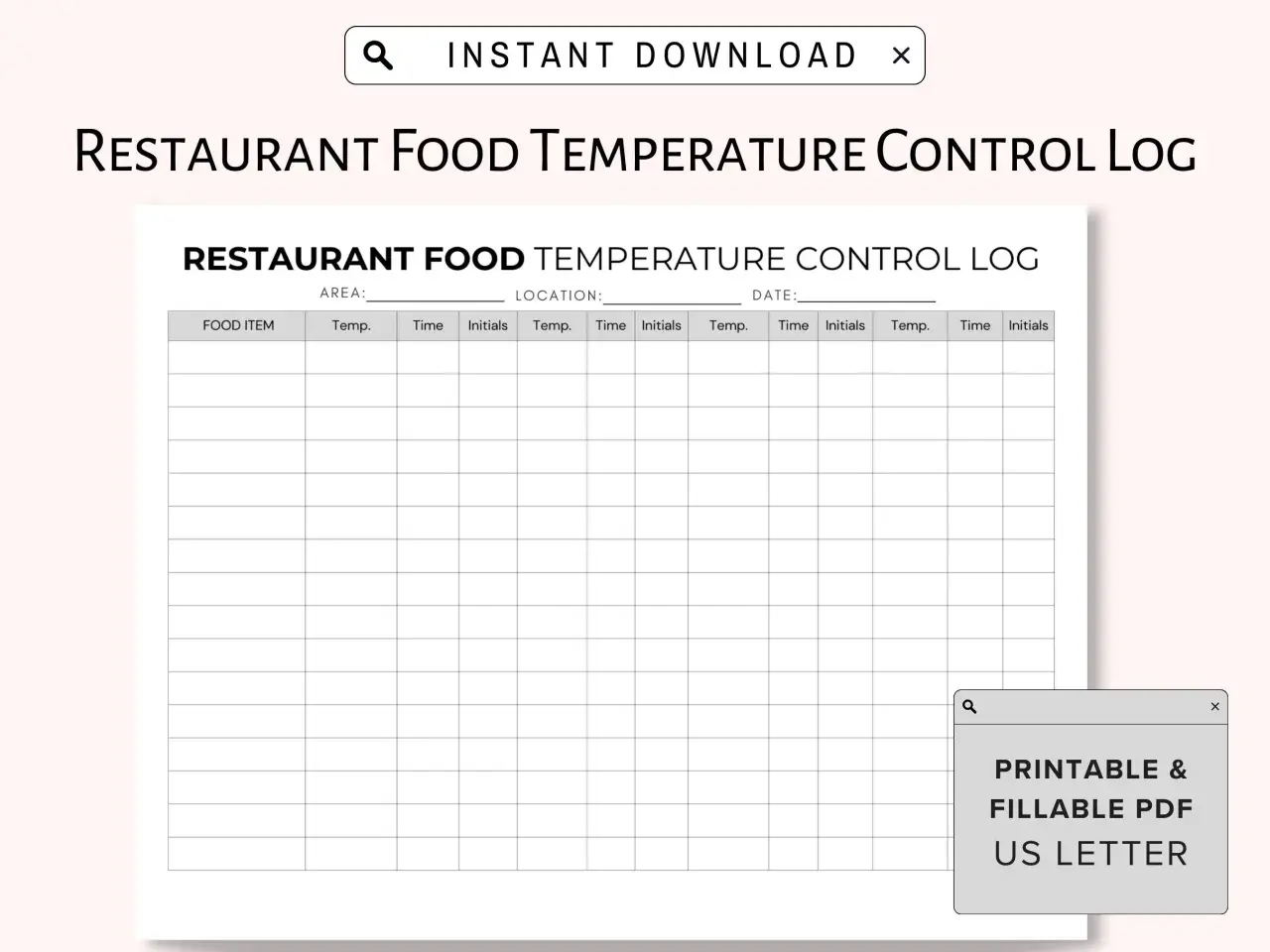 Karta kontroli temperatury w urządzeniach chłodniczych restauracji. Dokument zawiera kolumny na pozycję, temperaturę, czas i inicjały.