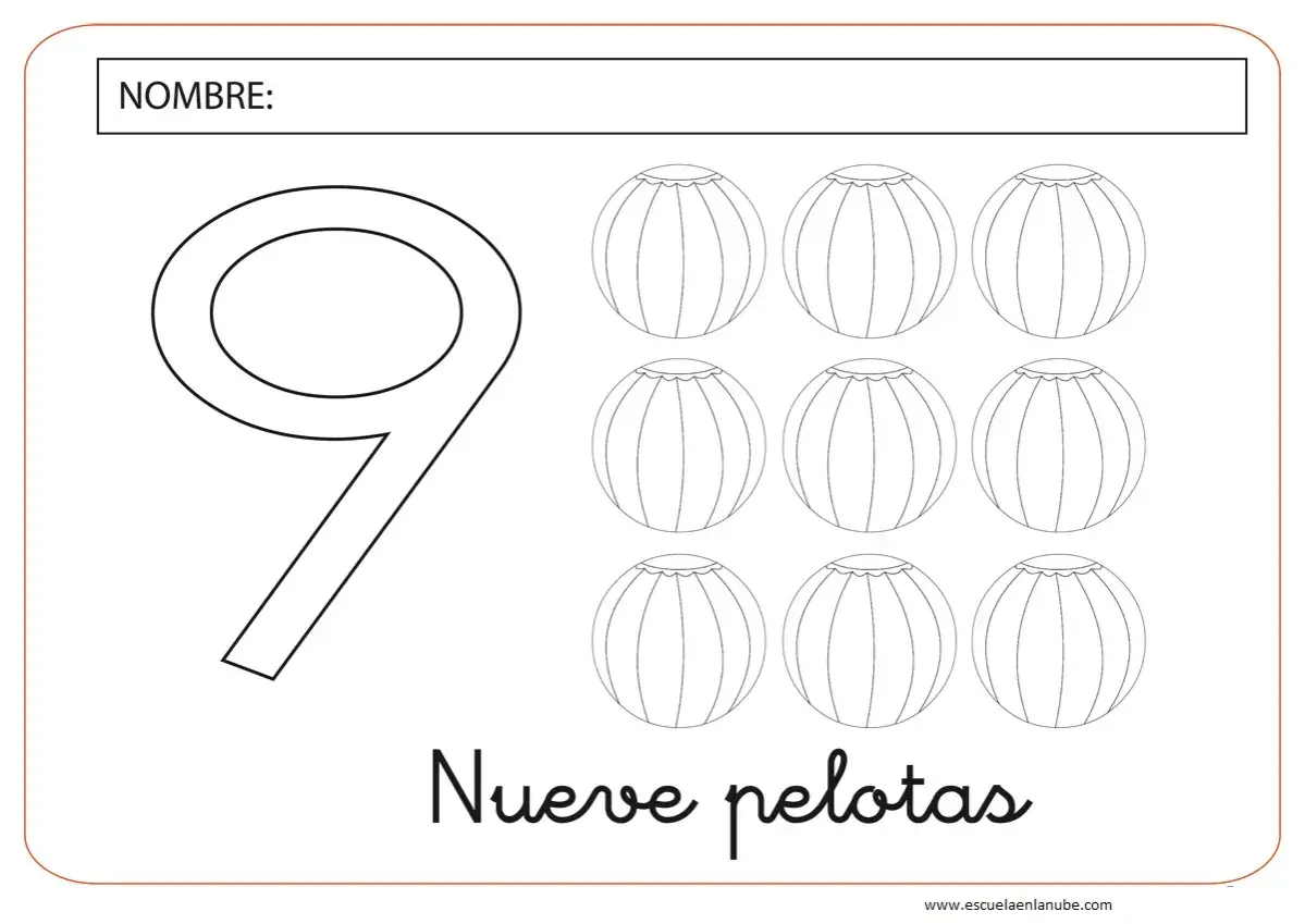 Ficha número 9: un gran número 9 junto a nueve pelotas para colorear.