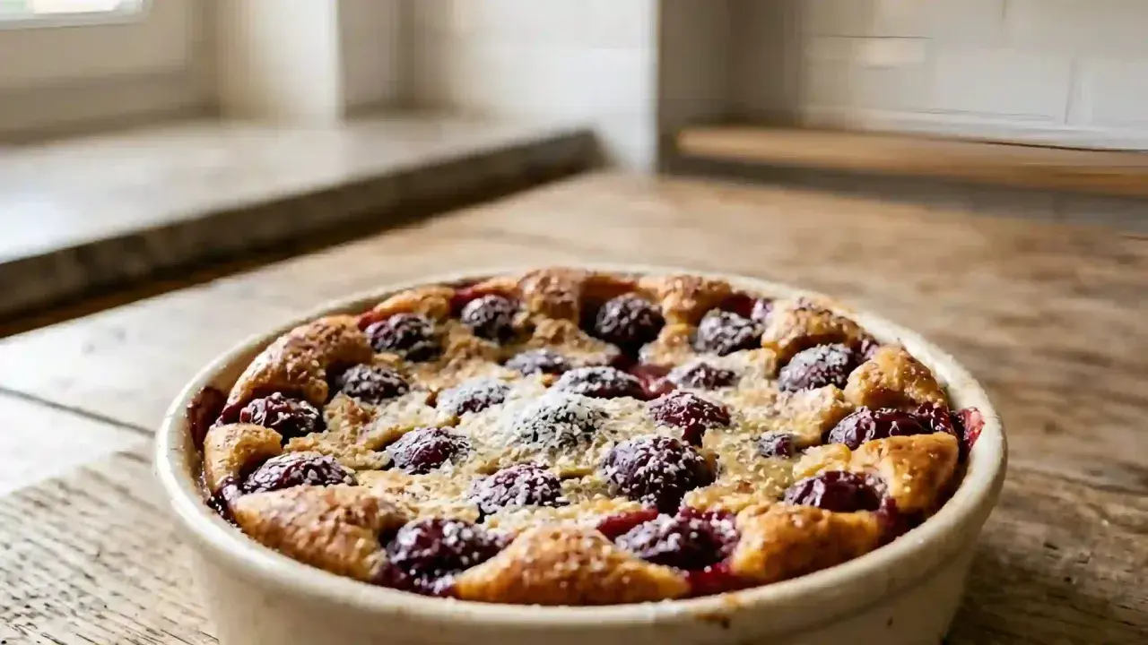 Un délicieux clafoutis aux cerises, saupoudré de sucre glace, sort du four. La croûte dorée et les fruits rouges invitent à la dégustation.