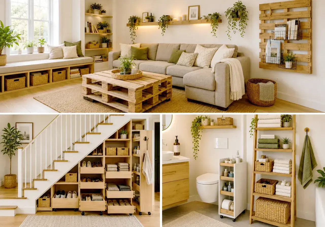 Inspirerande idéer för diy inredning: vardagsrum med pallbord, smart förvaring under trappan och ett stilrent badrum.