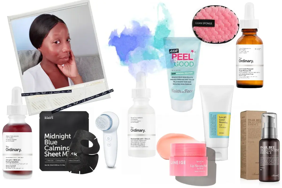 Une sélection de produits pour une routine skincare visage : sérums, masques, nettoyant, exfoliant et huile.