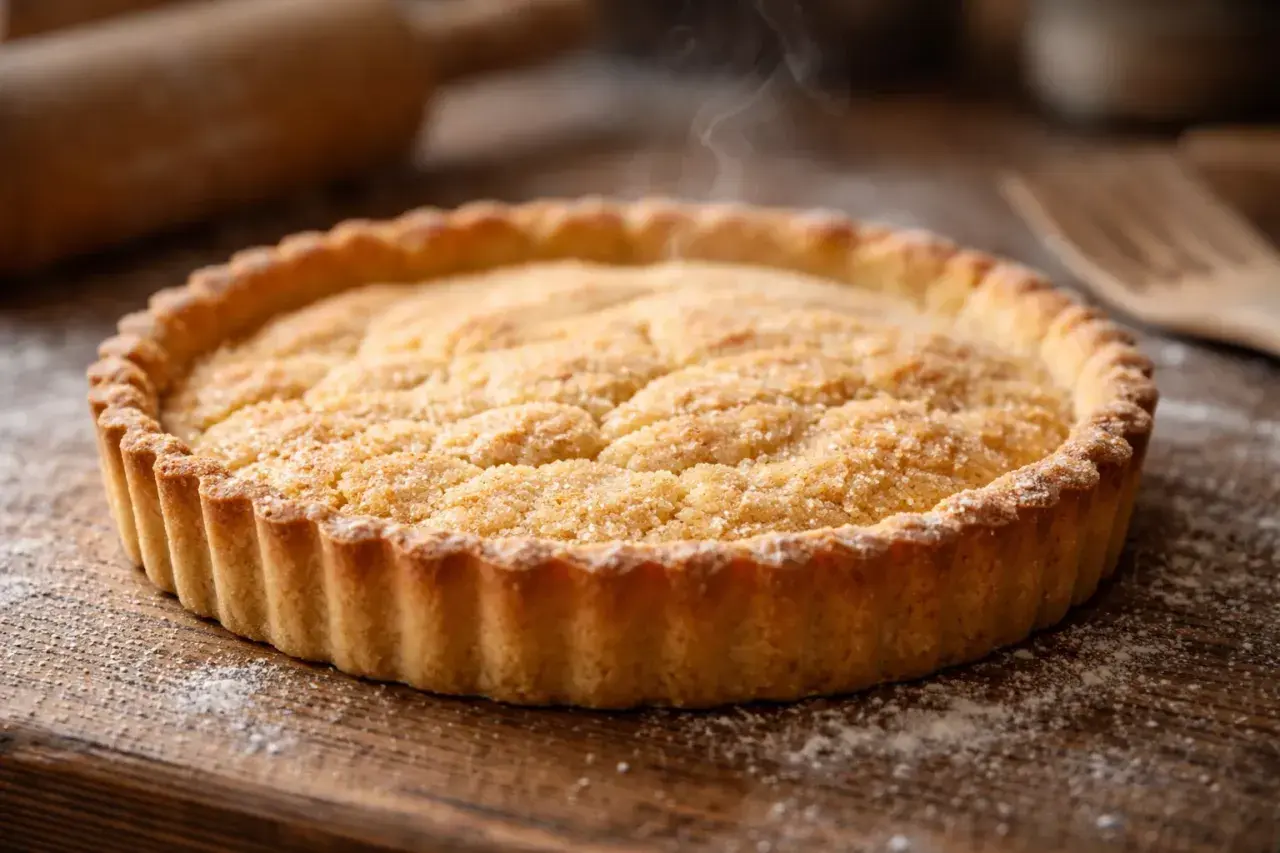 Tarte dorée sortant du four, prête à être dégustée. Une invitation à réaliser la recette pâte sablée traditionnelle.