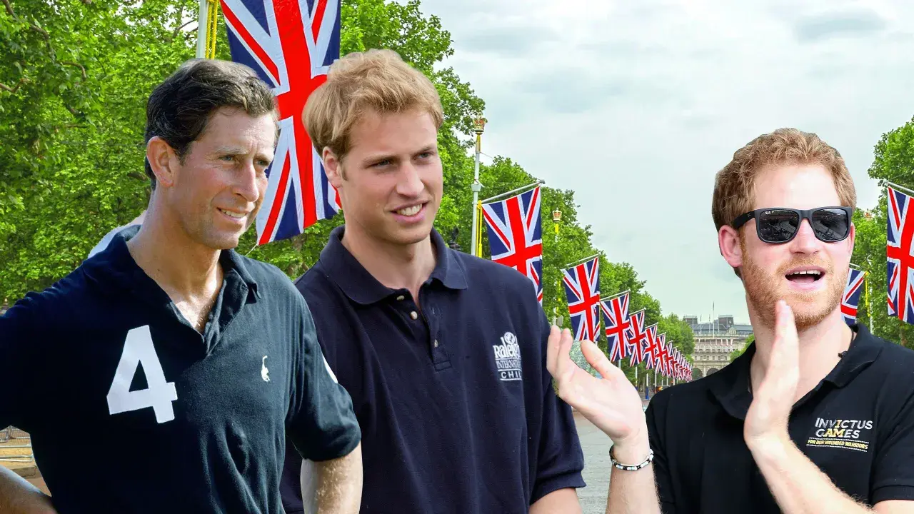 Prinz Charles, William und Harry diskutieren, ob das Polohemd in die Hose gehört. Britische Flaggen im Hintergrund.