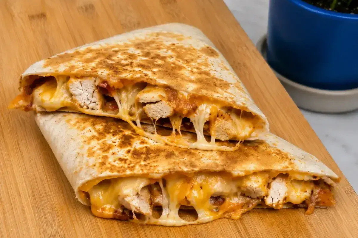Pyszna quesadilla z kurczakiem, z ciągnącym się serem i kawałkami soczystego mięsa, podana na drewnianej desce.