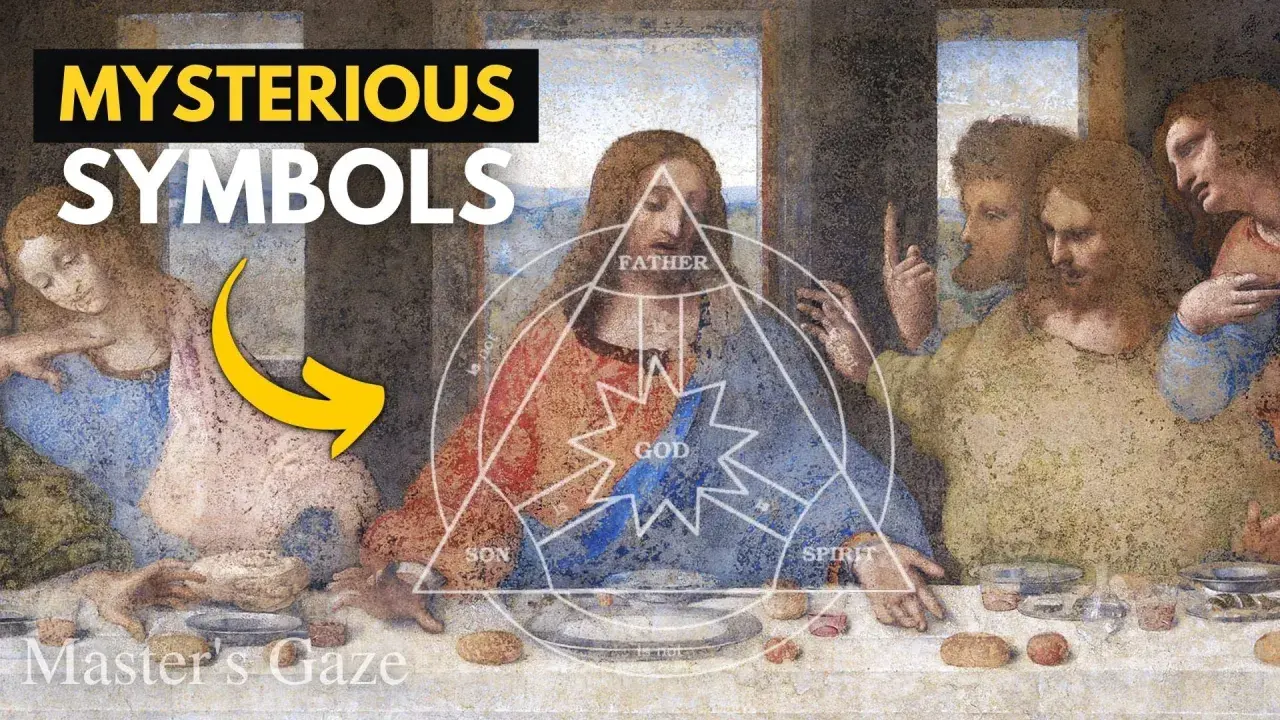 Leonardo da Vinci's painting of the Last Supper, overlaid with geometric symbols and text about "Mysterious Symbols.