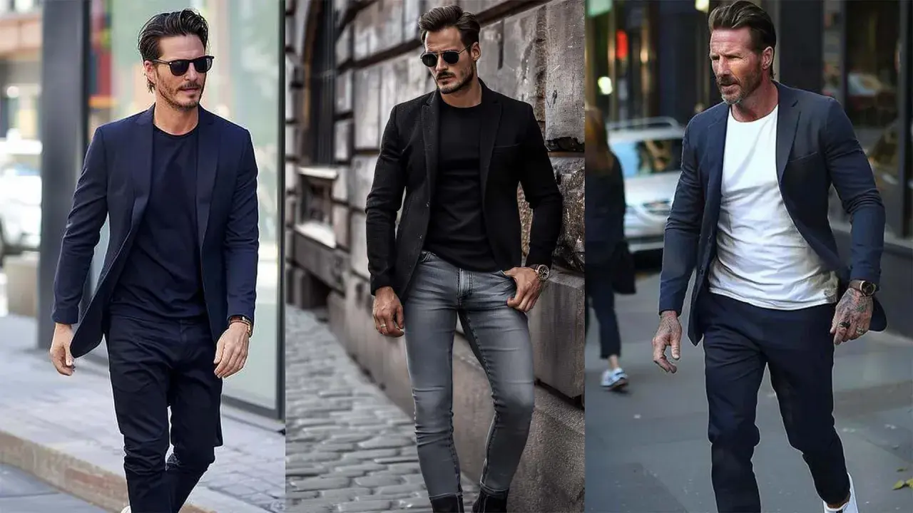 Drei Männer in stilvollen Outfits: Ein dunkelblauer Anzug mit T-Shirt, ein schwarzer Blazer mit grauem Jeans und ein dunkelblauer Anzug mit weißem T-Shirt.