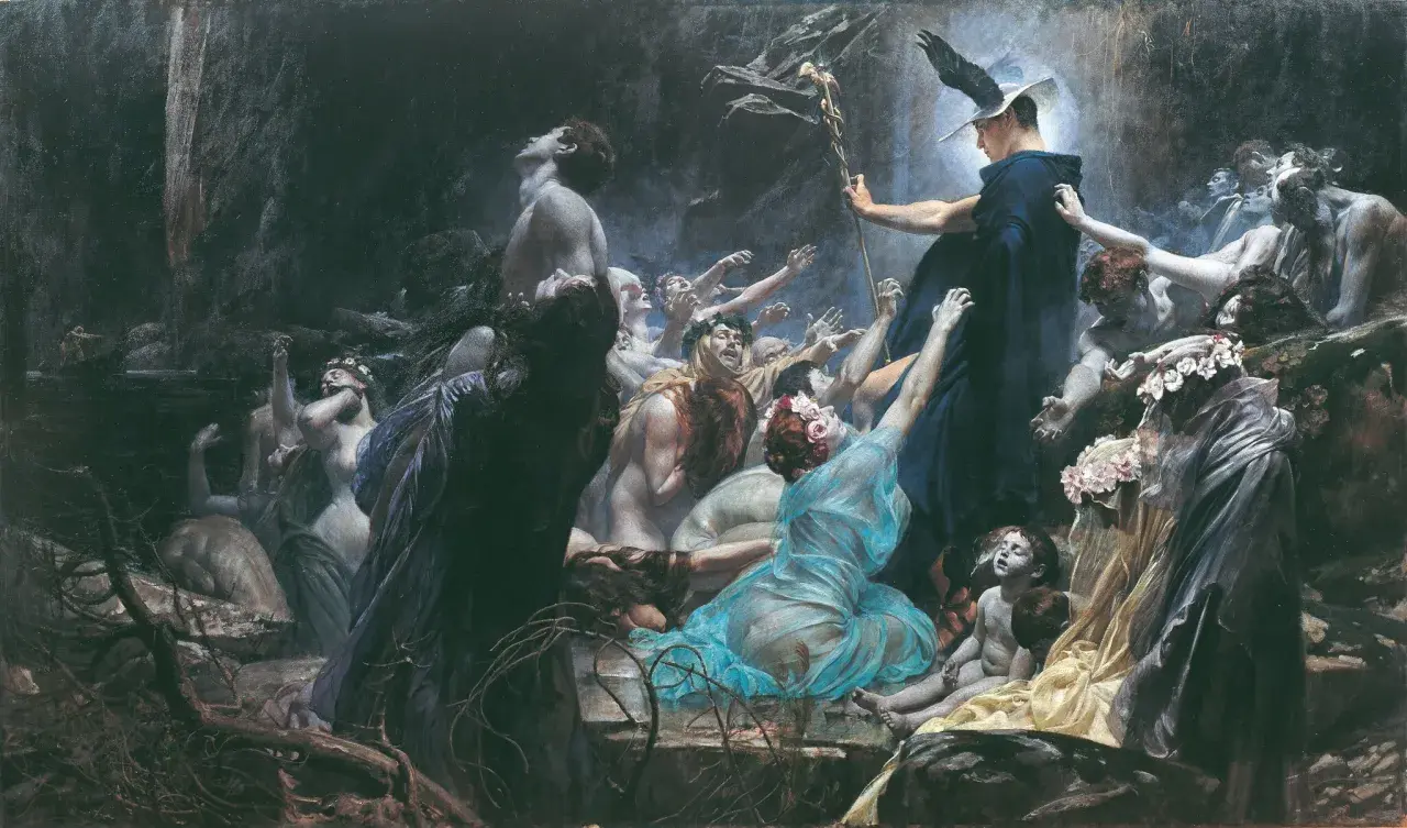 Hades bóg, władca świata podziemnego, w otoczeniu dusz pragnących wyzwolenia.