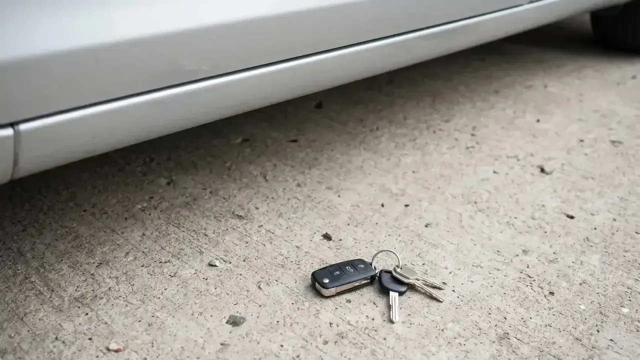 Zgubione kluczyki od samochodu leżą na betonie pod progiem auta. Brak zapasowych, co oznacza kłopoty.