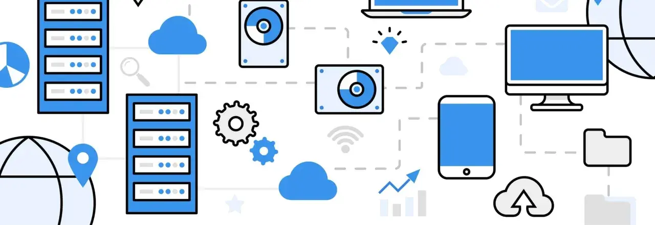 Sieć serwerów, dysków, chmur i urządzeń mobilnych symbolizuje działanie firm hostingowych.