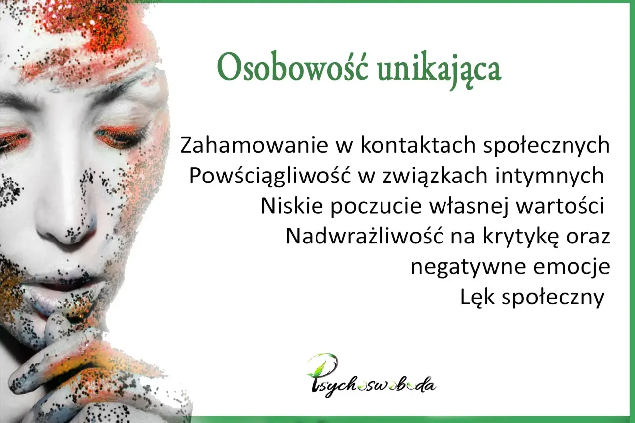 Osobowość unikająca: zahamowanie w kontaktach, powściągliwość w związkach, niskie poczucie wartości, lęk społeczny.