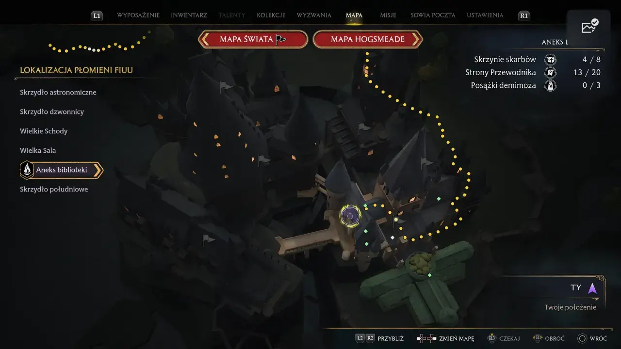 Mapa Hogwartu z zaznaczonymi płomieniami fiuu. Widać skrzydła zamku, bibliotekę i inne lokacje. Klucze Dedala są ukryte w zamku.