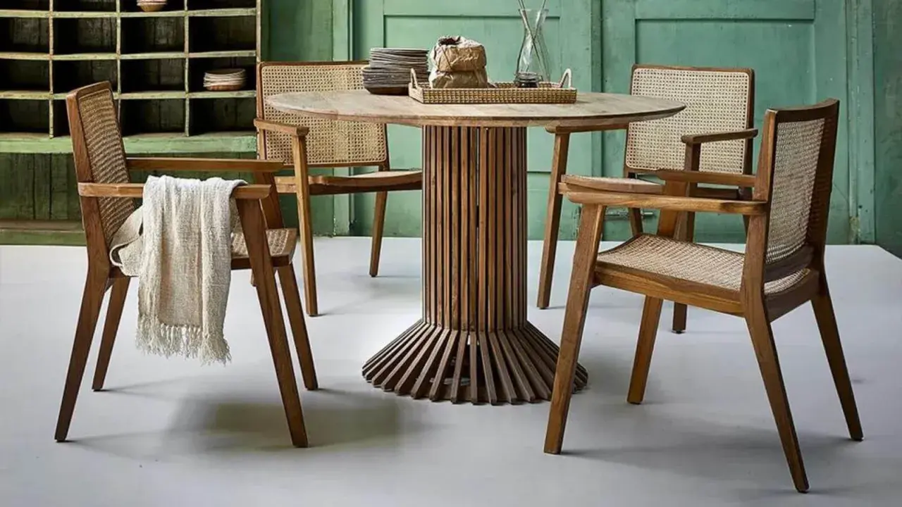 Mesa y sillas de madera con asientos de ratán. La teca y el ébano son ejemplos de maderas nobles usadas en mobiliario.