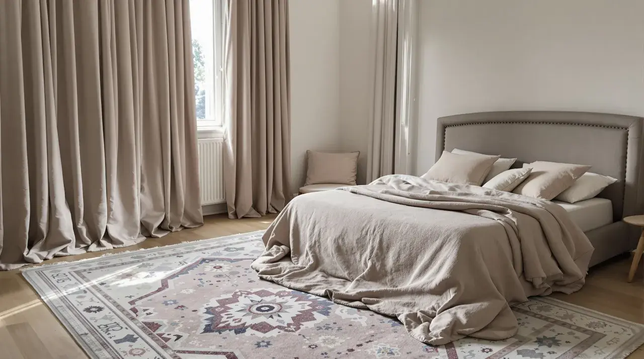 Chambre paisible avec lit douillet, tapis orné et rideaux épais pour une isolation phonique mur chambre parfaite.