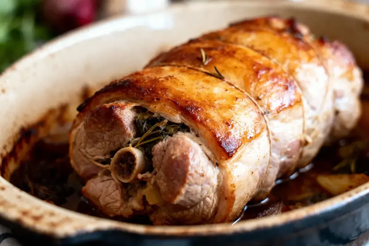 Paupiette de porc dorée et savoureuse, farcie d'herbes, prête à être dégustée dans son plat de cuisson.