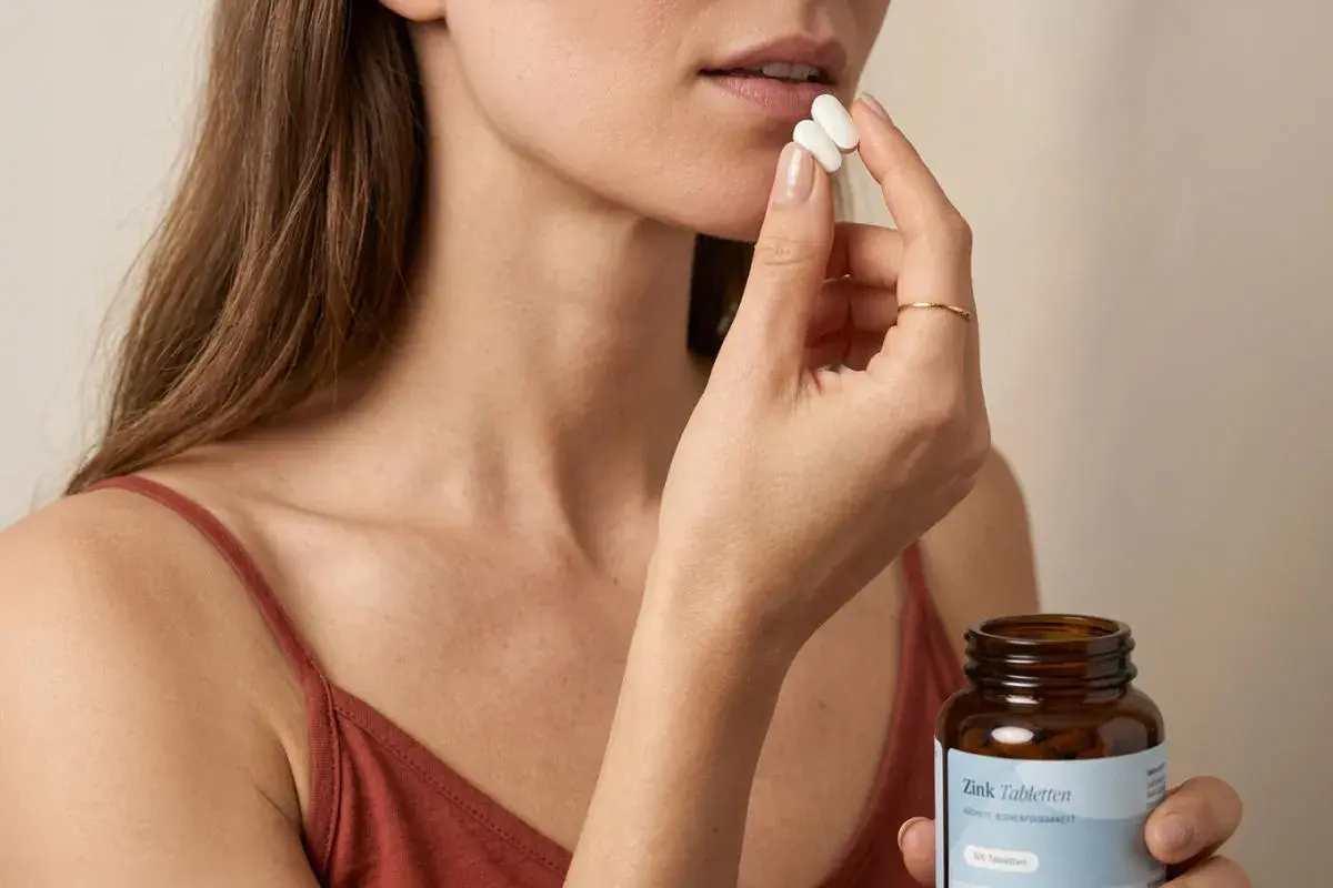 Frau nimmt Zinktabletten ein, um die Zinkaufnahme zu verbessern.