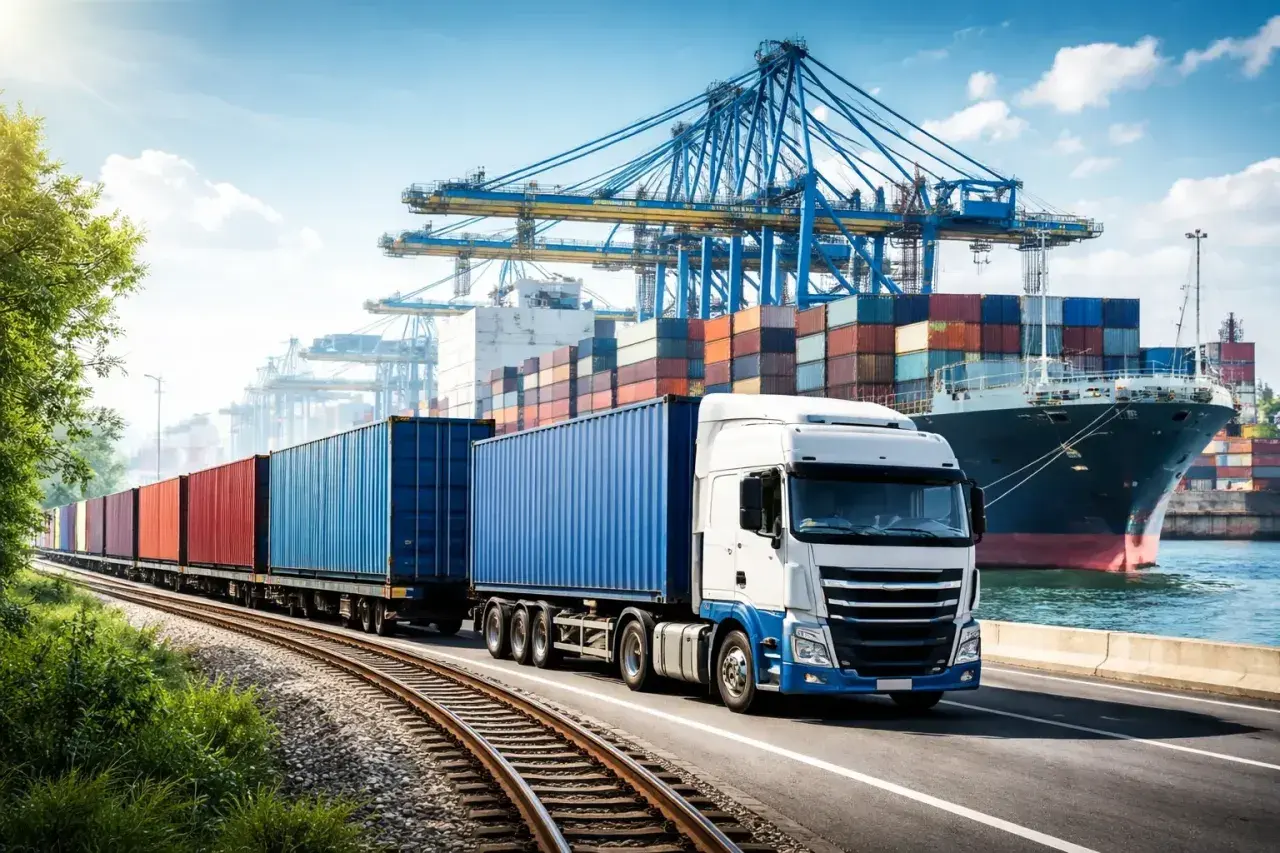 Ein LKW mit Containern fährt neben einer Bahnstrecke, die zu einem Hafen mit Kränen und einem Containerschiff führt. Dies ist ein Beispiel für intermodalen Transport.