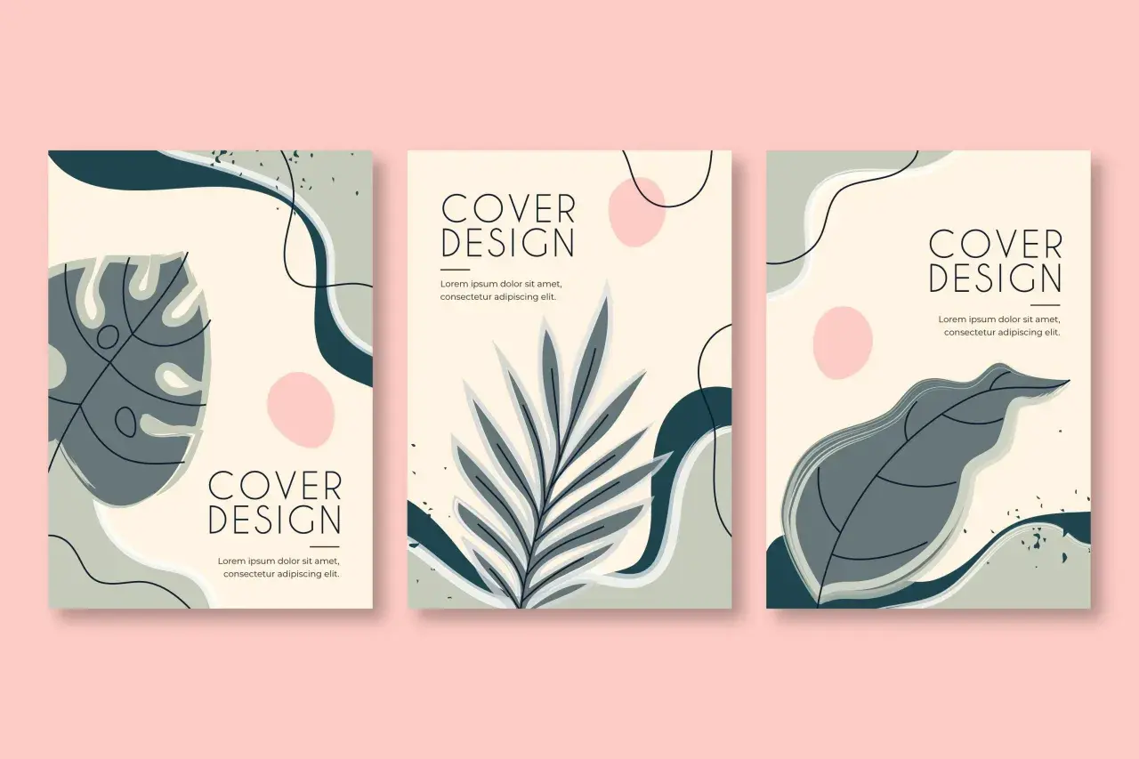 Trois designs de page de couverture abstraits avec des feuilles stylisées et des formes organiques dans des tons pastel et terreux.