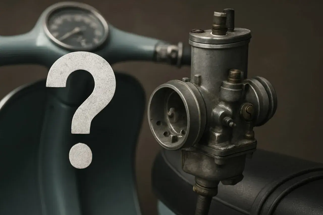 Il carburatore spruzza benzina dal filtro. Un punto interrogativo gigante campeggia su una Vespa d'epoca.