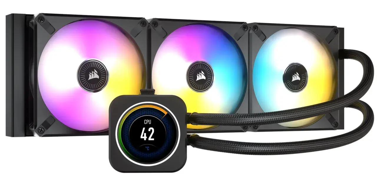 Ein AIO mit Display zeigt drei Lüfter mit RGB-Beleuchtung und eine CPU-Temperatur von 42°C.