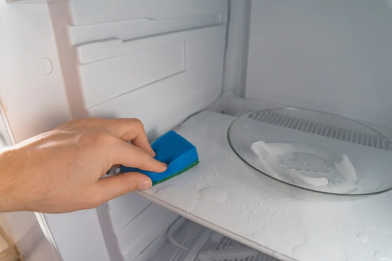 Mano limpiando el interior de una nevera con una esponja azul. El estante está mojado y hay un plato con hielo.