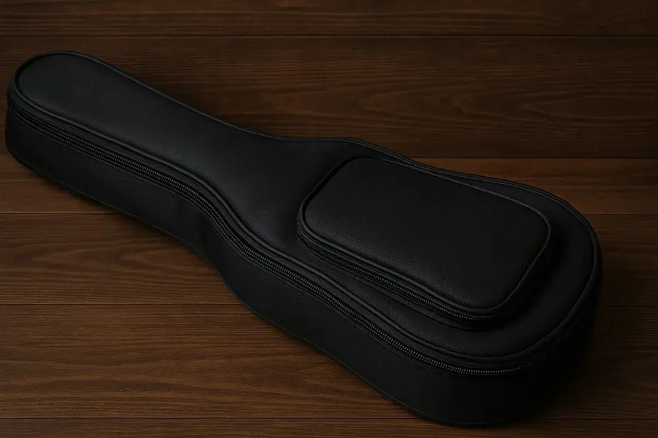 Elegancki, czarny pokrowiec na ukulele koncertowe, gotowy do podróży.