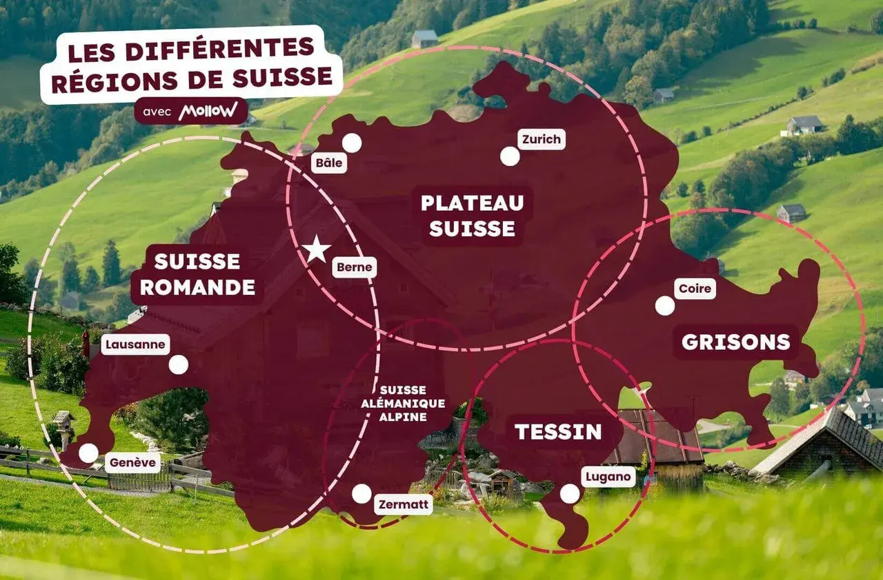 Carte des régions suisses : Suisse romande, Plateau suisse, Grisons, Tessin. Un guide suisse pour découvrir le pays.