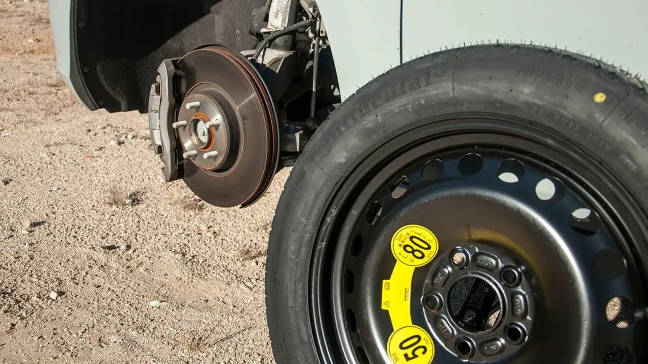 Rueda de galleta de repuesto junto al disco de freno de un coche, lista para ser instalada.