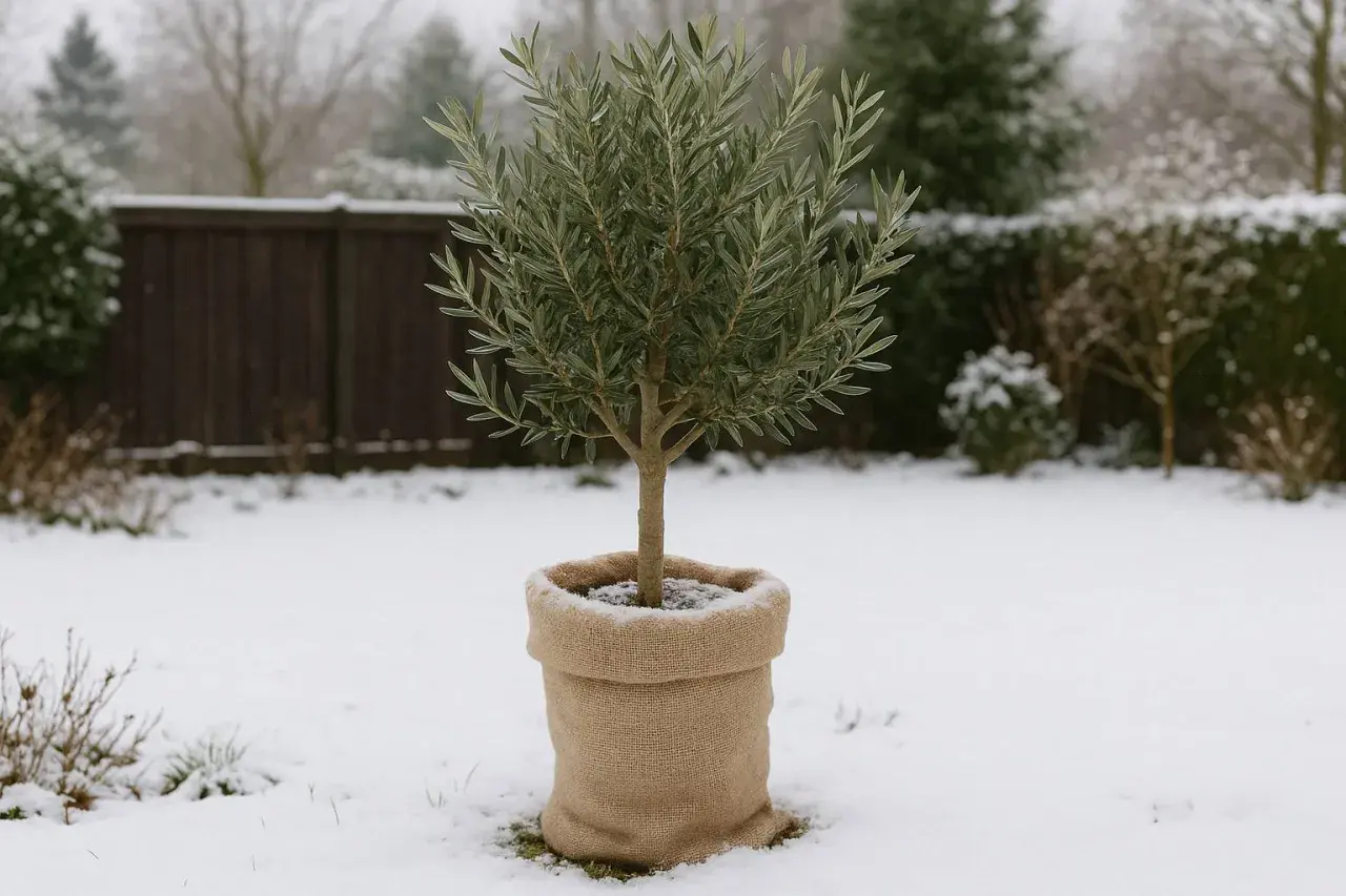 Ein kleiner Olivenbaum im Topf, geschützt mit Jute, trotzt dem winterlichen Garten. Schnee bedeckt den Boden und die umliegenden Büsche.