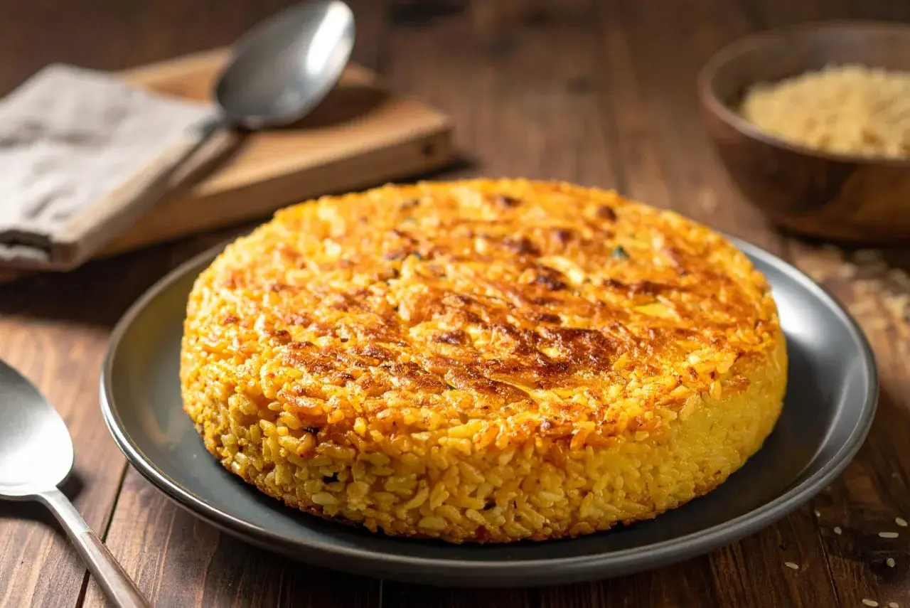 Un délicieux riso al salto, un gâteau de riz doré et croustillant, servi sur une assiette grise.