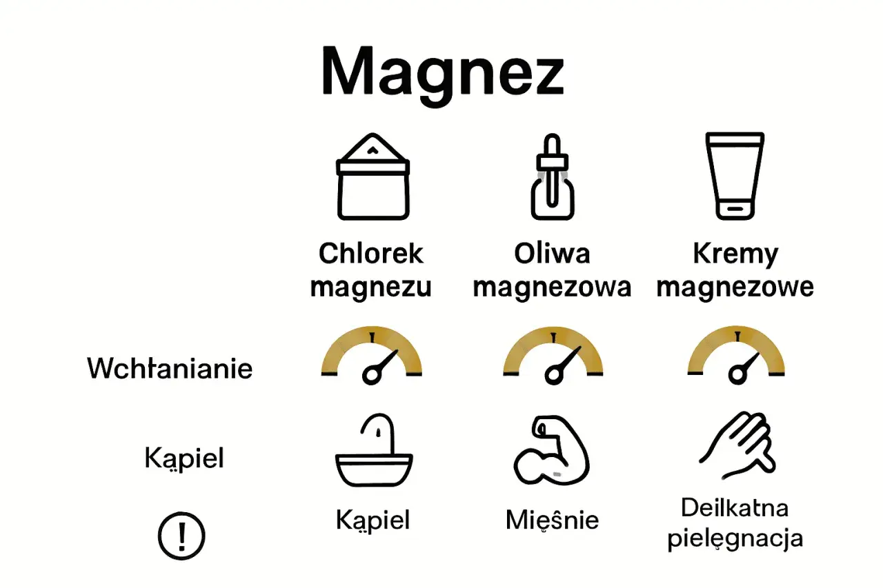 Płatki magnezowe zastosowanie: chlorek magnezu do kąpieli, oliwa magnezowa do mięśni, kremy magnezowe do pielęgnacji.