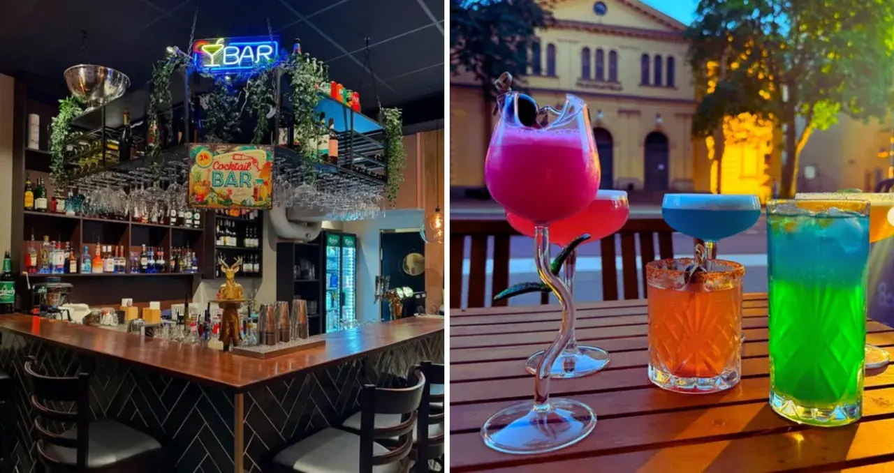 En bar med neonljus och en uteplats med färgglada drinkar, inklusive en svart drink.