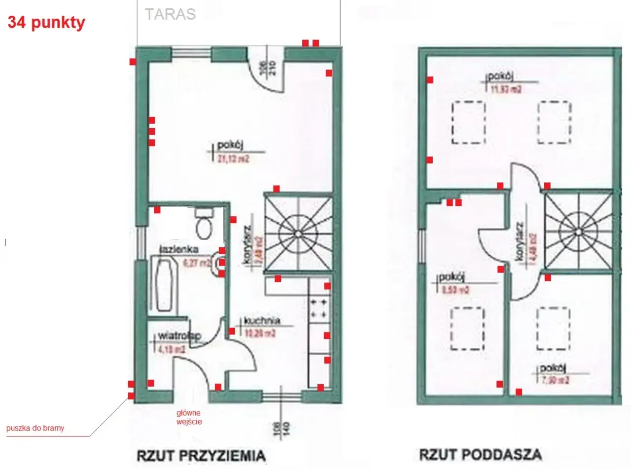 Schemat rozmieszczenia punktów elektrycznych w domu, pokazujący jak rozmieścić gniazdka w domu na rzutach parteru i poddasza.