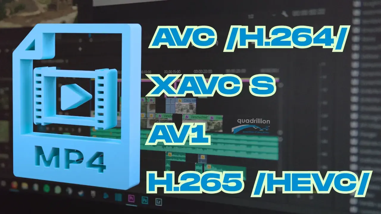 Ikony MP4 i napisy AVC/H.264/, XAVC S, AV1, H.265/HEVC/ na tle edytora wideo. Wybór kodeka wpływa na bitrate.