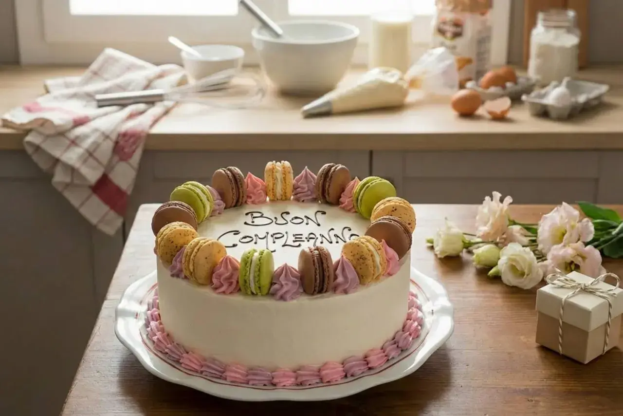 Torte di compleanno particolari con macarons colorati e decorazioni in crema. Un'idea golosa per festeggiare.
