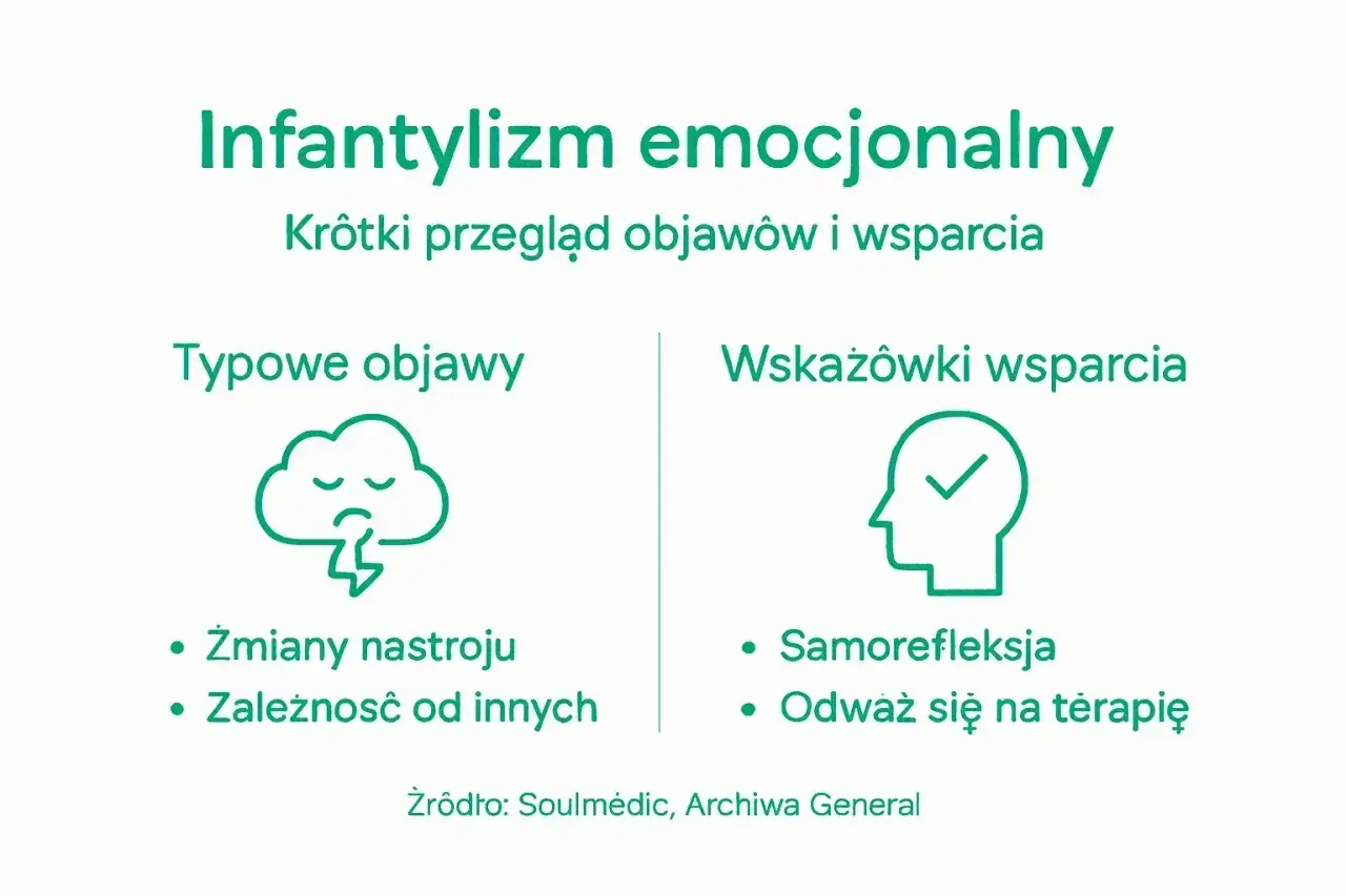 Infantylizm emocjonalny: objawy jak u dziecka u dorosłego (zmiany nastroju, zależność) i wskazówki wsparcia (samorefleksja, terapia).