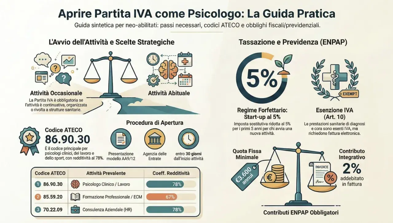 Guida per aprire Partita IVA come psicologo: codici ATECO, tassazione, esenzioni e contributi. Il counselor può aprire uno studio con il codice 86.90.30.