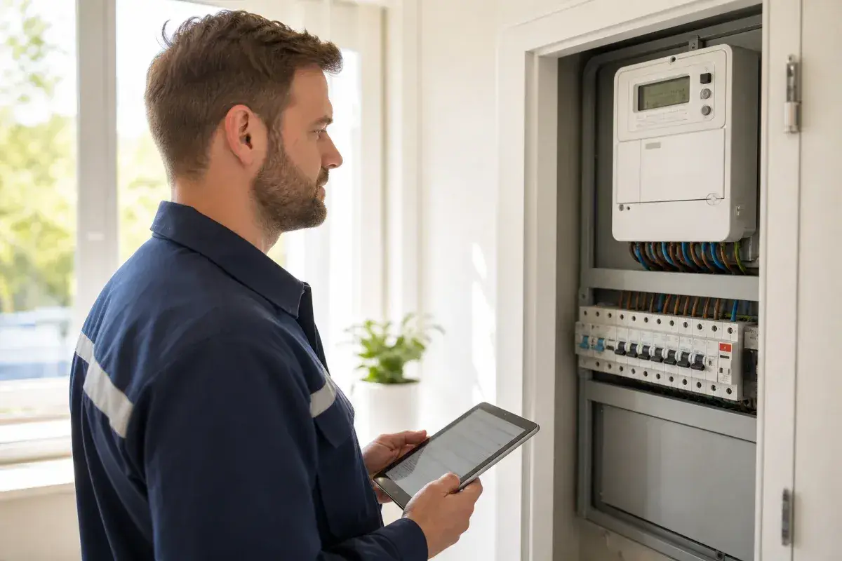 Un technicien examine un tableau électrique avec une tablette, vérifiant les compteurs et disjoncteurs. Il s'assure qu'il n'y a pas de vol d'électricité code pénal.