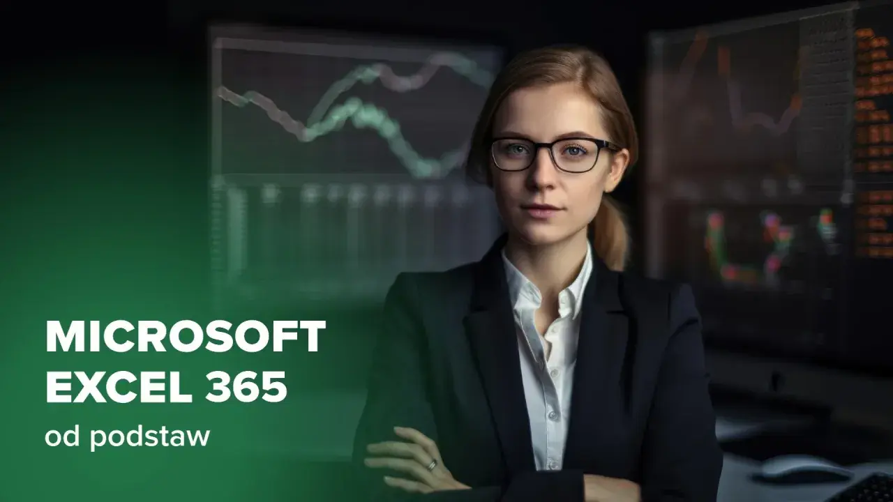 Kobieta w okularach i garniturze, na tle wykresów. Kurs Microsoft Excel 365 od podstaw.