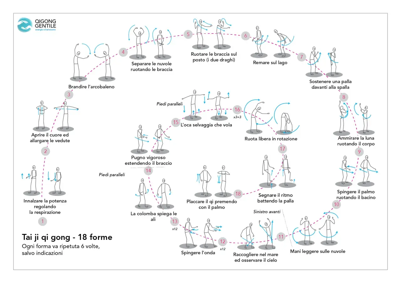 Tai ji qi gong - 18 formes : découvrez les 18 mouvements pour les bienfaits du qi gong, de l'arc-en-ciel à l'observation du ciel.
