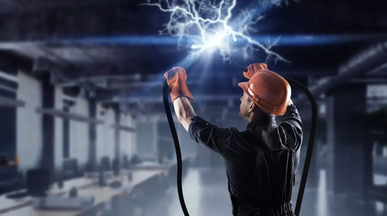 Elektryk w kasku i rękawicach trzyma przewody, z których wydobywa się potężne przepięcie elektryczne.