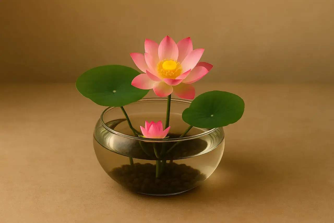 Eine zarte **Lotusblume in der Wohnung**, in einem Glasgefäß mit Wasser und Kieselsteinen, strahlt Ruhe aus.