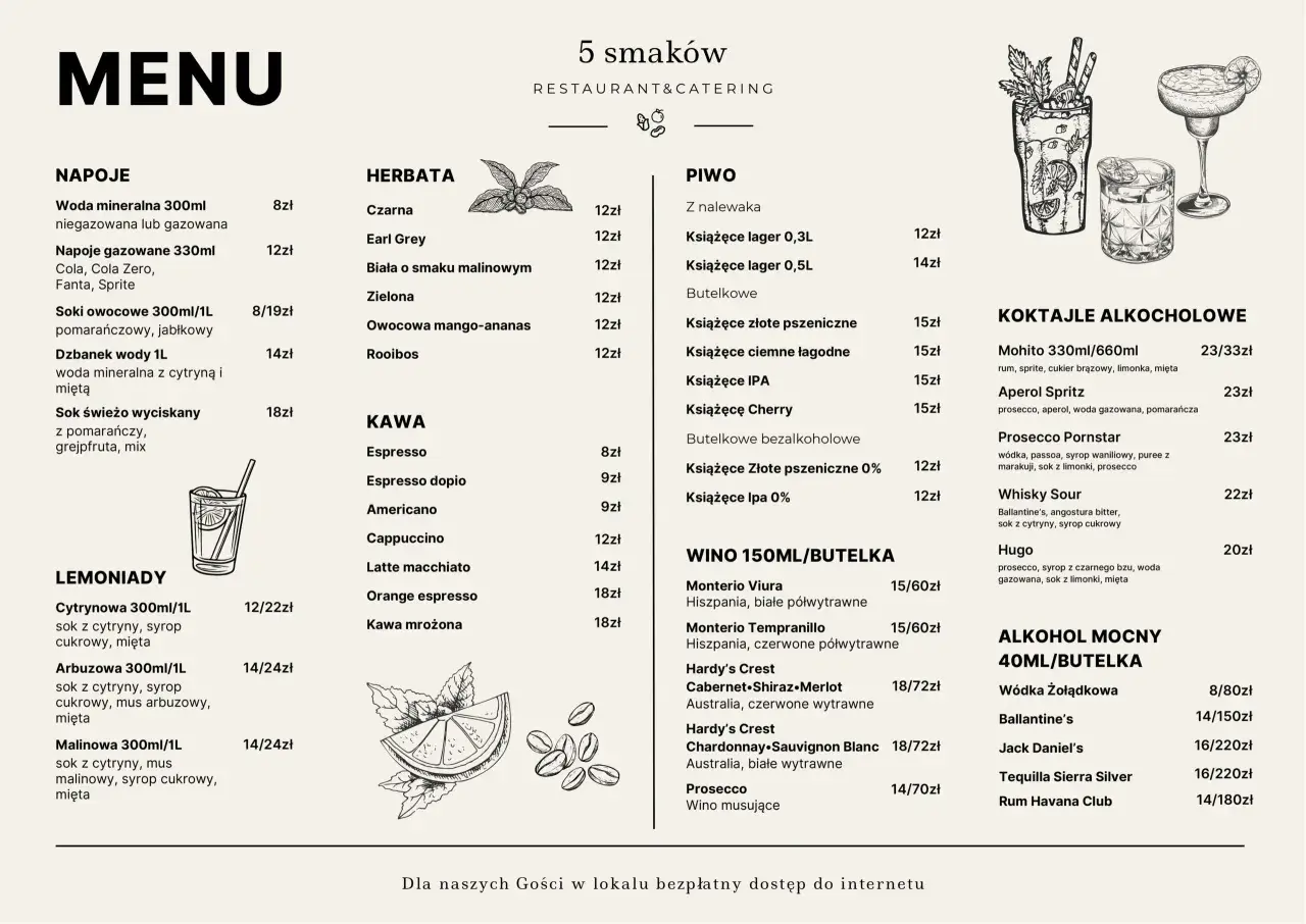 Gdański bowke menu: napoje, herbaty, piwo, kawa, wina, koktajle i mocne alkohole.