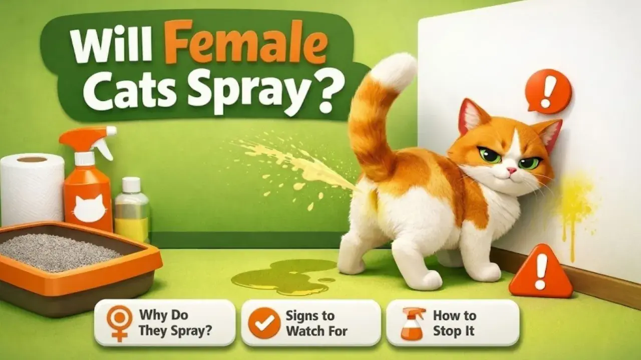 An orange and white cat sprays urine on a wall, illustrating the question: "Will female cats spray?" Learn why, signs, and how to stop it.
