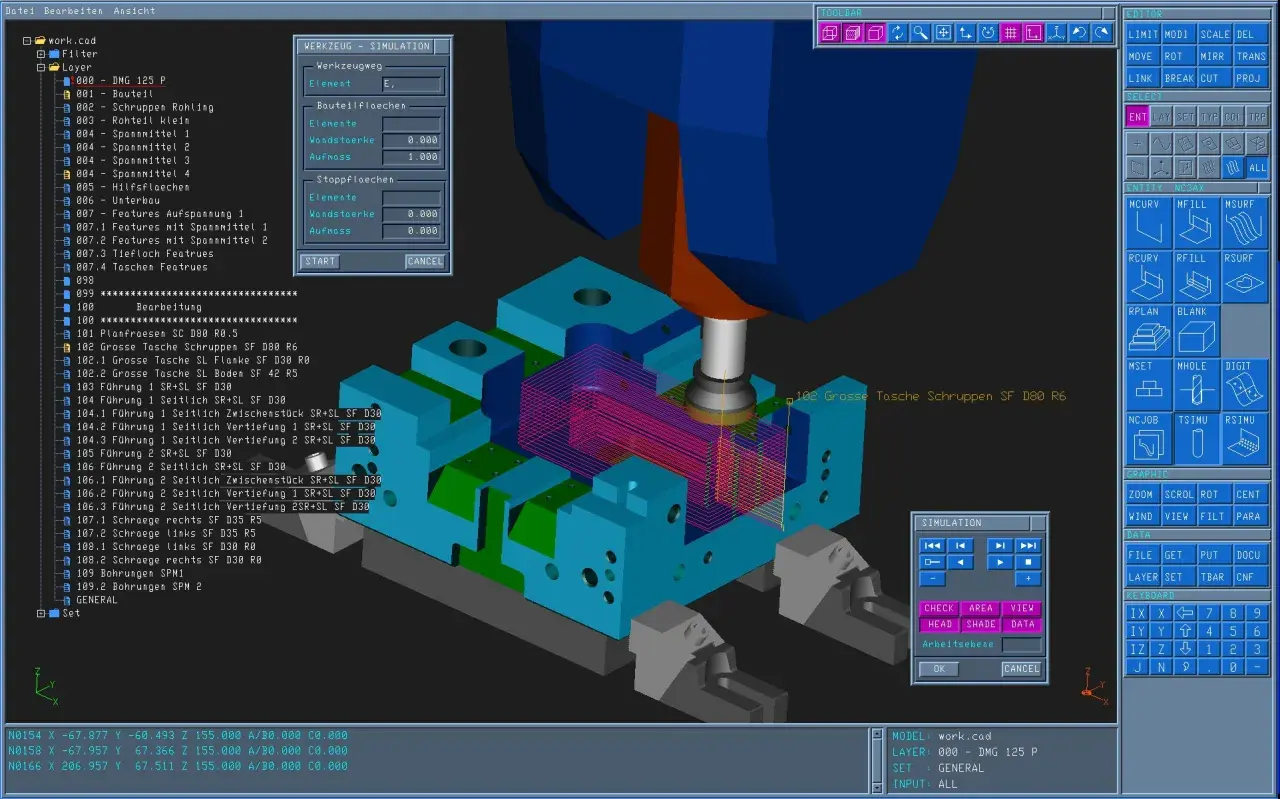 Symulacja obróbki w Linux CNC, gdzie frez wirtualnie obrabia element.