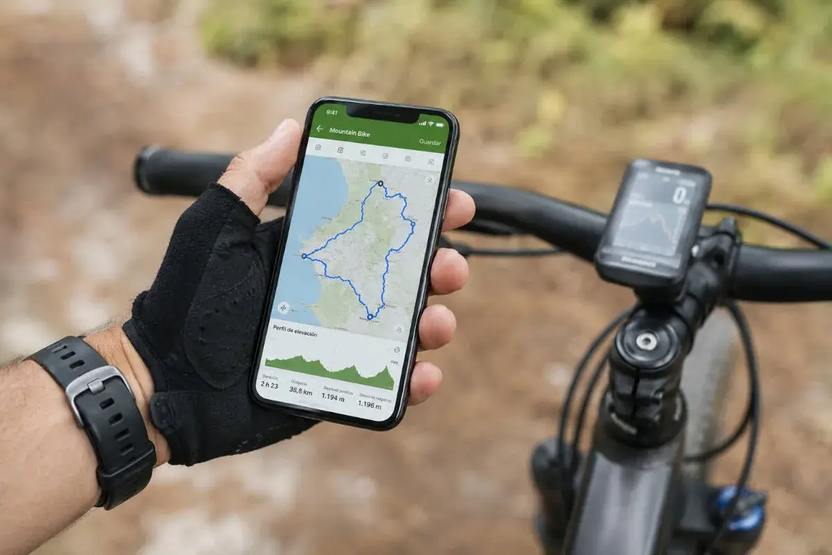 Mano con guante revisa en el móvil una ruta bici con perfil de elevación. Ciclocomputador en manillar.