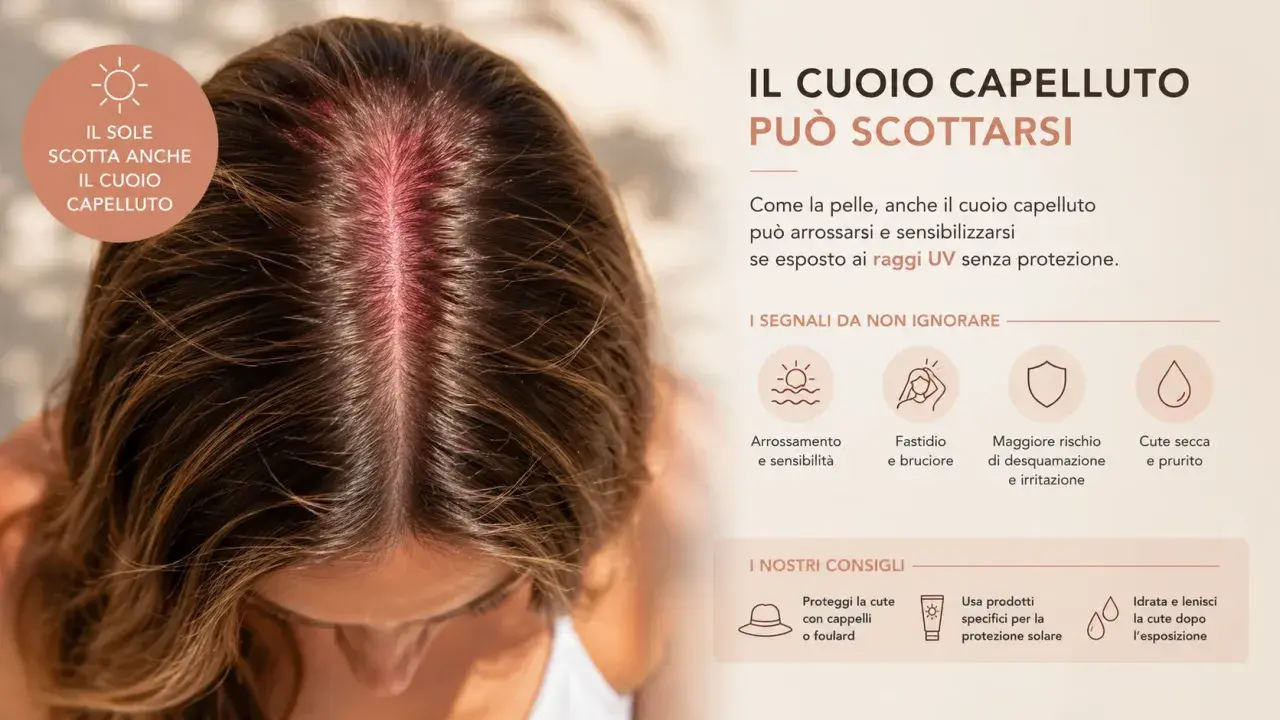 Cuoio capelluto arrossato dal sole, con indicazioni sui danni solari e consigli per la protezione.