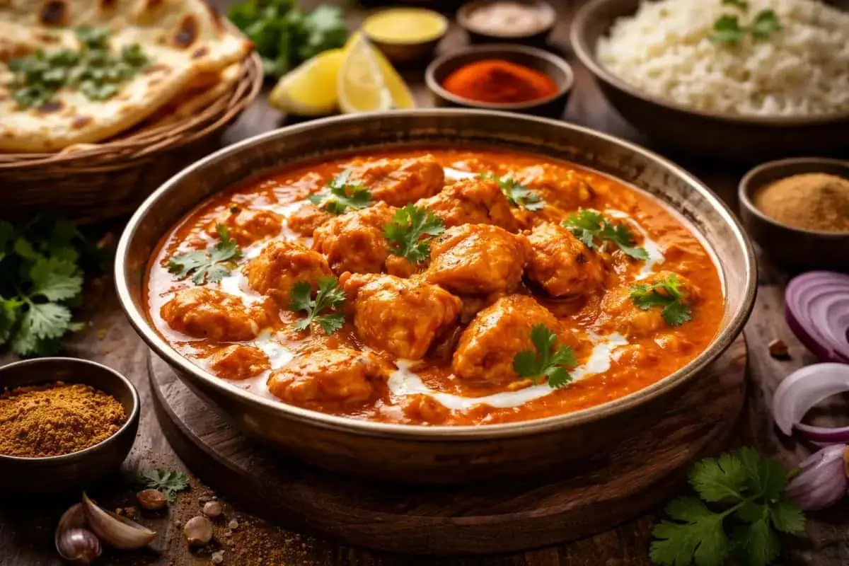 En skål med krämig butter chicken, garnerad med koriander. Bredvid syns naanbröd, ris och kryddor.