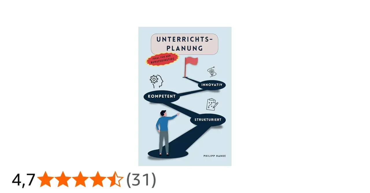 Ein Mann zeigt auf eine Grafik, die den Weg zur erfolgreichen Unterrichtsplanung mit den Stationen "kompetent", "innovativ" und "strukturiert" darstellt. Ideal für den Berufseinstieg.