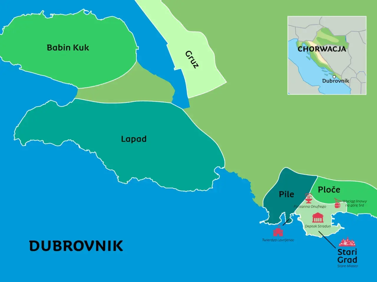 Mapa Chorwacji z zaznaczonym Dubrownikiem. Pokazuje dzielnice: Babin Kuk, Lapad, Gruz, Pile, Ploče i Stari Grad.