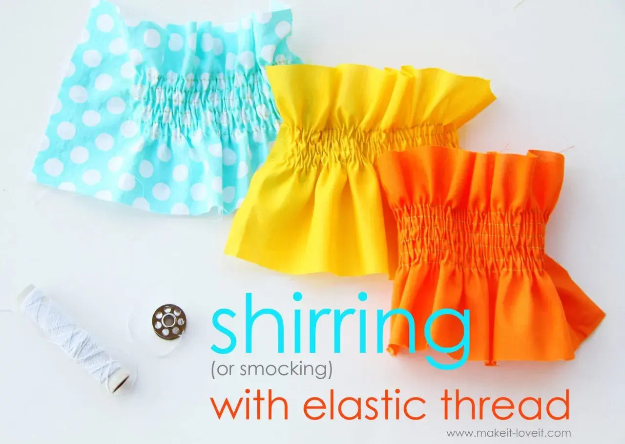 Three fabric swatches with elastic smocking in turquoise polka dot, yellow, and orange. A spool of white thread and a bobbin are nearby.